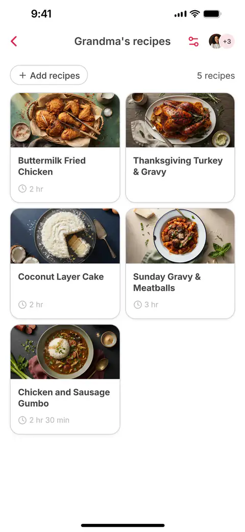The shared collection “Grandma’s recipes” with six recipes; the sixth, Lattice-Top Apple Pie, has just been added