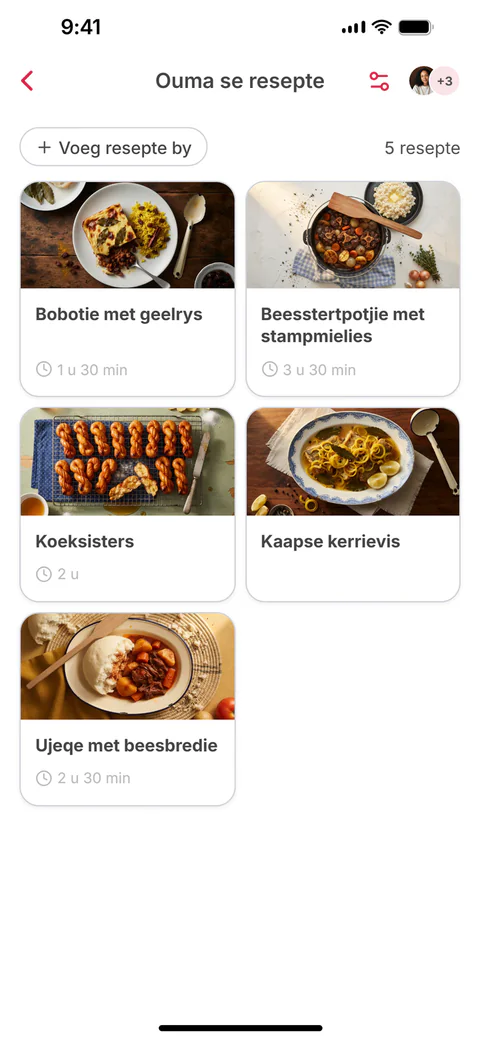 Die gedeelde versameling “Ouma se resepte” met ses resepte; die sesde, Melktert, is pas bygevoeg