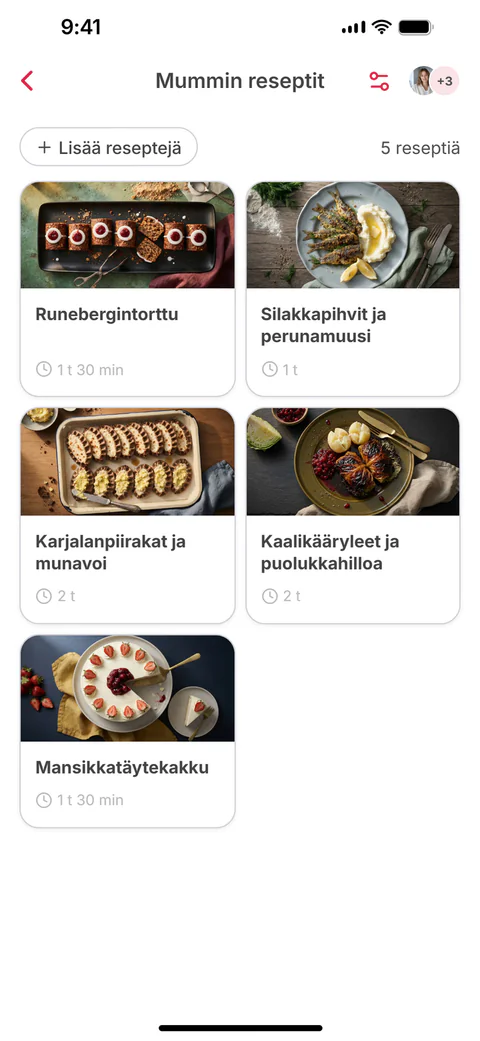 Jaettu kokoelma ”Mummin reseptit”, jossa on kuusi reseptiä; kuudes, ”Kalakukko”, on juuri lisätty