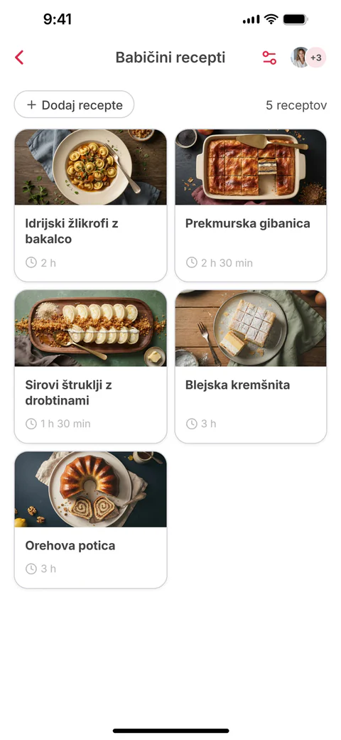 Skupna zbirka „Babičini recepti“ s šestimi recepti; šesti, „Pečena raca z mlinci“, je bil pravkar dodan