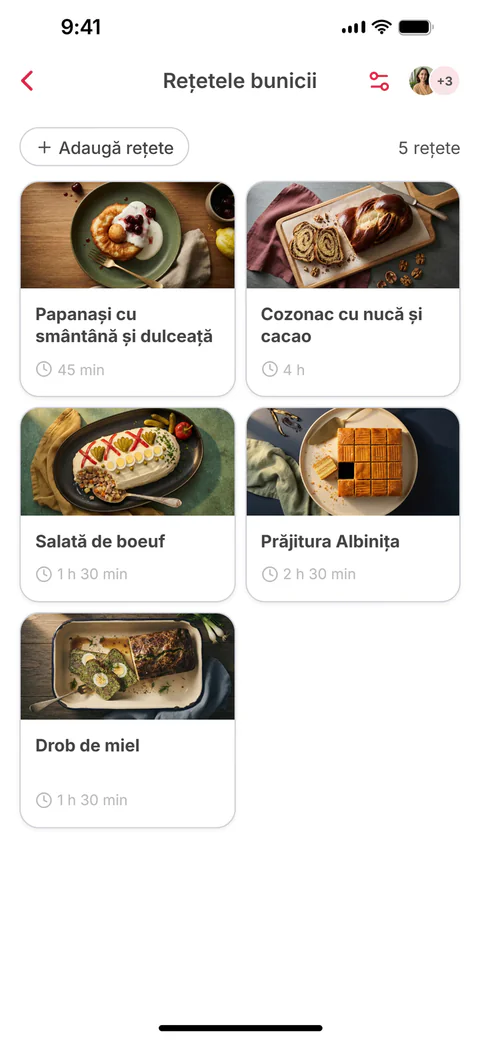 Colecția partajată „Rețetele bunicii”, cu șase rețete; a șasea, „Sarmale cu mămăligă și smântână”, tocmai a fost adăugată