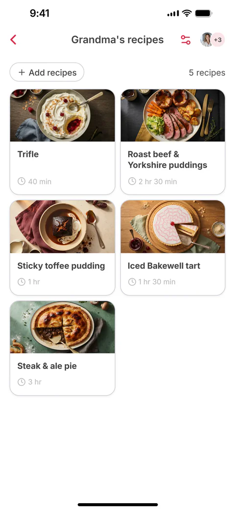 The shared collection “Grandma’s recipes” with six recipes; the sixth, Fish pie, has just been added