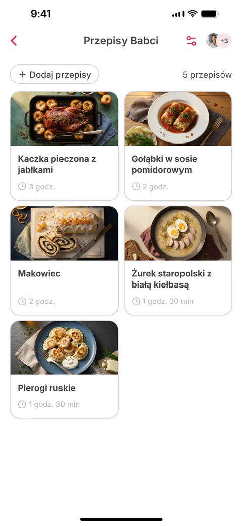 Wspólna kolekcja „Przepisy Babci” z sześcioma przepisami; szósty, Sernik krakowski, został właśnie dodany
