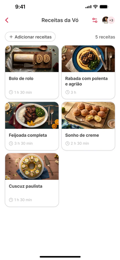 A coleção compartilhada “Receitas da Vó” com seis receitas; a sexta, Moqueca baiana de peixe, acaba de ser adicionada