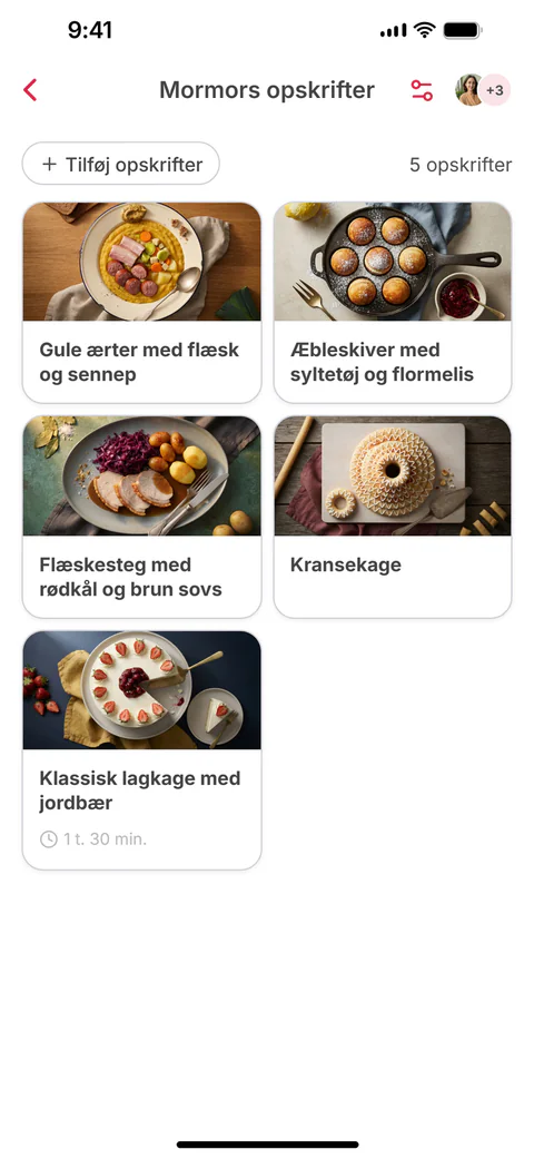 Den delte samling »Mormors opskrifter« med seks opskrifter; den sjette, Tarteletter med høns i asparges, er lige blevet tilføjet