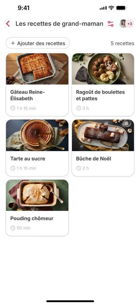 La collection partagée « Les recettes de grand-maman » et ses six recettes; la sixième, Tourtière, vient d’être ajoutée