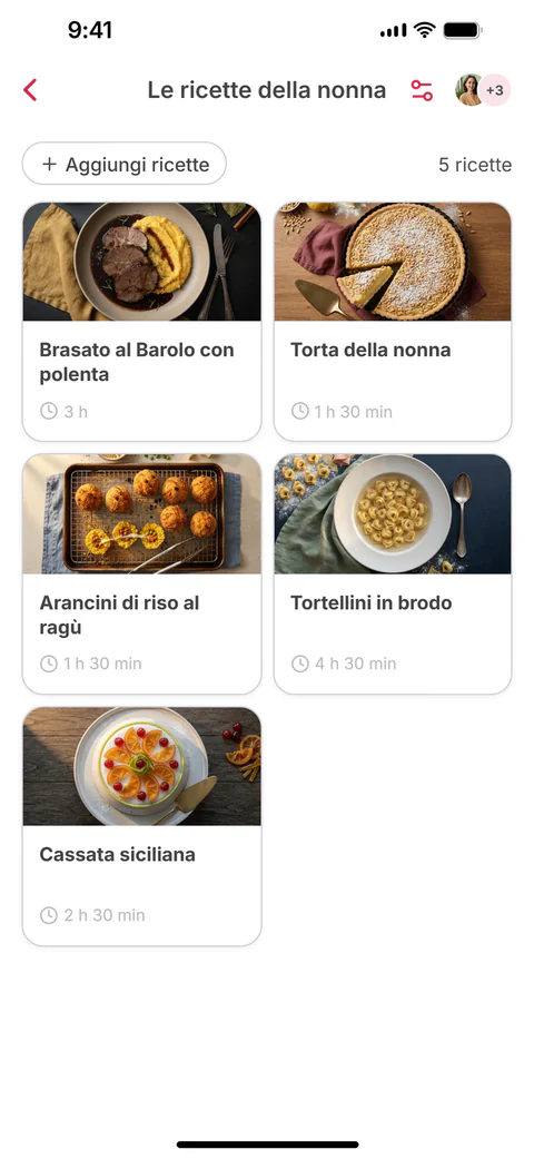 La raccolta condivisa “Le ricette della nonna” con sei ricette; la sesta, Lasagne alla bolognese, è appena stata aggiunta