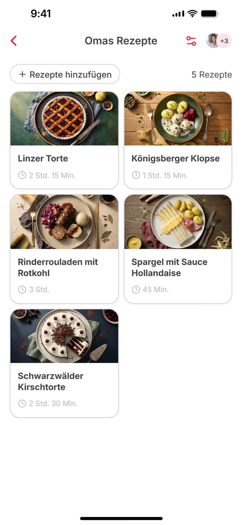Die gemeinsame Sammlung „Omas Rezepte“ mit sechs Rezepten; das sechste, Forelle Müllerin Art, ist gerade dazugekommen