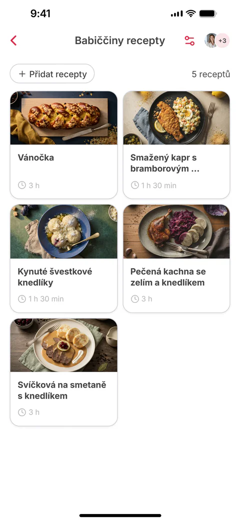 Sdílená sbírka „Babiččiny recepty“ se šesti recepty; šestý, Moravské koláčky s tvarohem, byl právě přidán