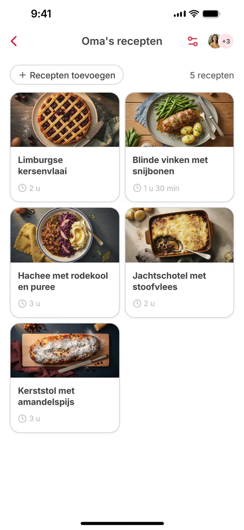 De gedeelde collectie “Oma’s recepten” met zes recepten; het zesde, Hollandse appeltaart met slagroom, is net toegevoegd
