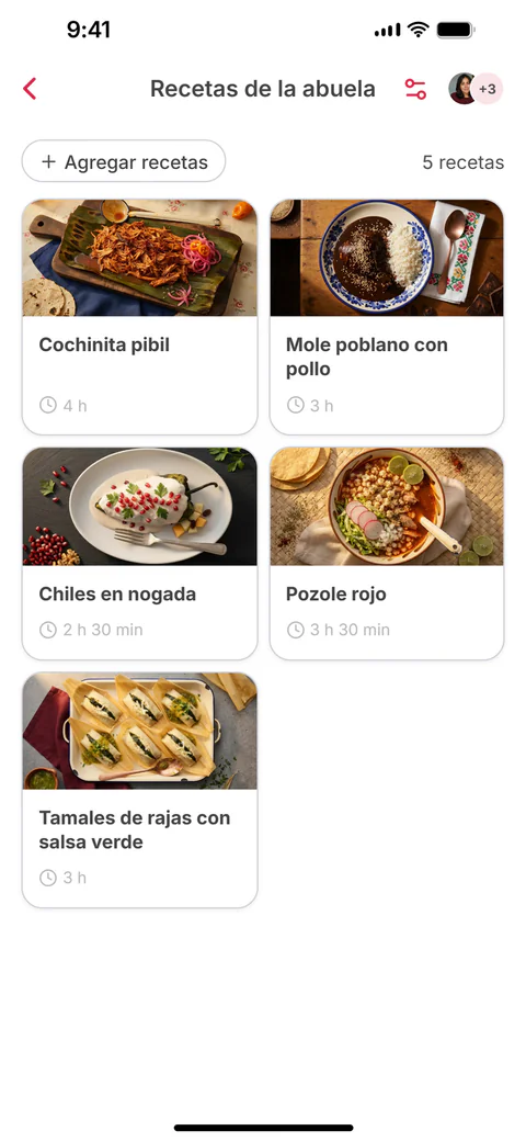 La colección compartida “Recetas de la abuela”, con seis recetas; la sexta, Flan napolitano, se acaba de agregar