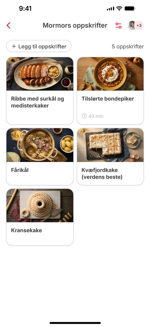 Den delte samlingen «Mormors oppskrifter» med seks oppskrifter; den sjette, Rømmegrøt med spekemat, er nettopp lagt til