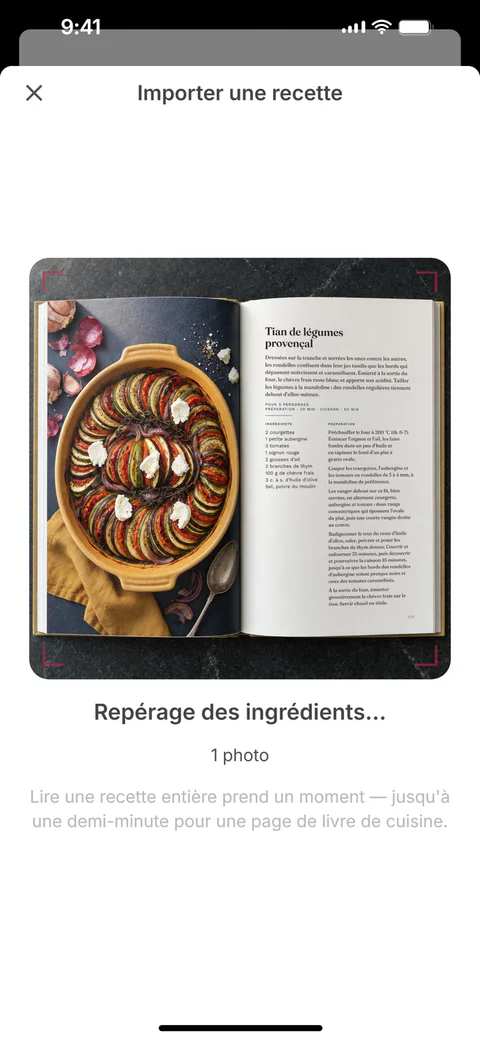 SuperPlan importe la recette depuis une photo de la page du livre : une ligne de lecture balaie la photo pendant que les ingrédients sont repérés