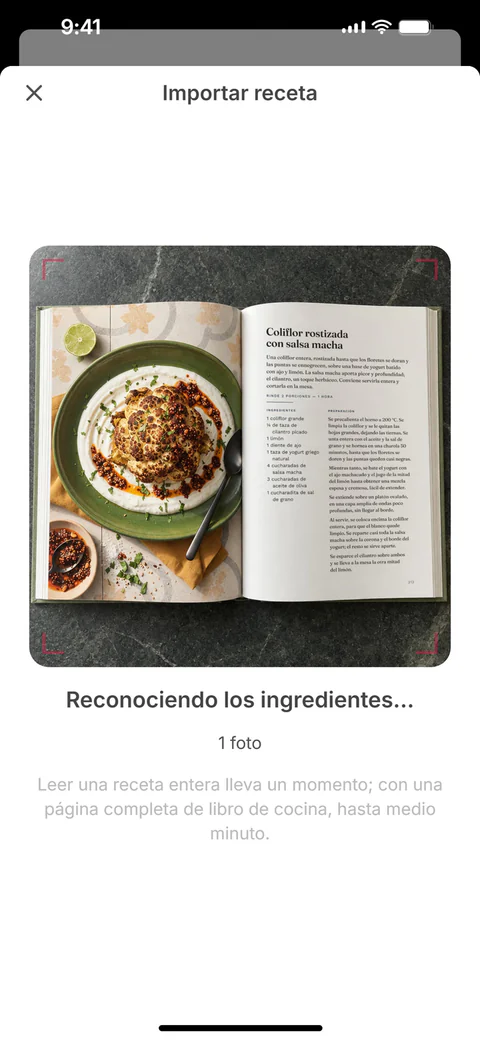 SuperPlan importa la receta a partir de una foto de la página del libro: una línea de escaneo recorre la foto mientras reconoce los ingredientes