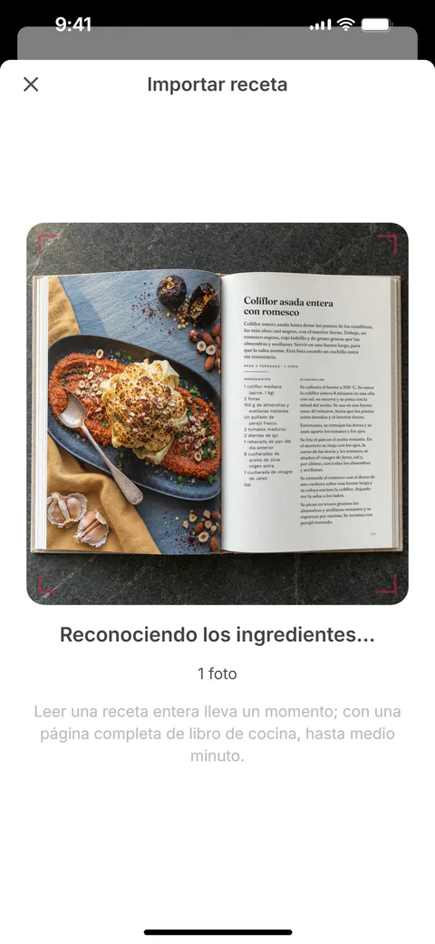 SuperPlan importa la receta desde una foto de la página del libro de cocina: una línea de escaneo recorre la foto mientras se reconocen los ingredientes