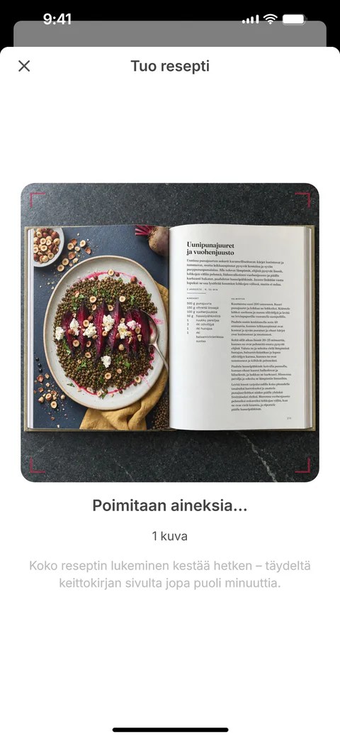 SuperPlan tuo reseptin keittokirjan sivusta otetusta kuvasta: skannausviiva kulkee kuvan yli, kun ainekset poimitaan reseptistä