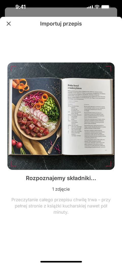 SuperPlan importuje przepis ze zdjęcia strony z książki kucharskiej: przez zdjęcie przesuwa się linia skanowania, a składniki pojawiają się jeden po drugim