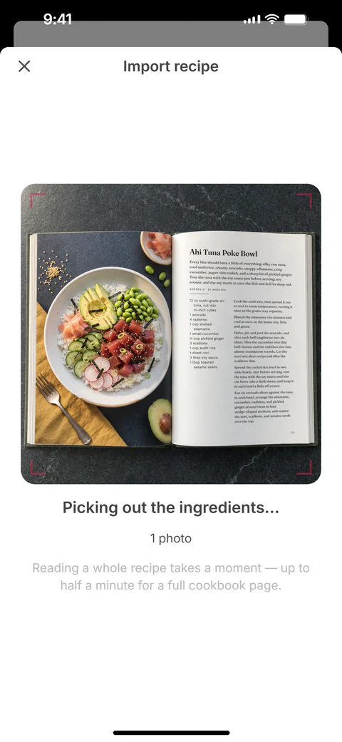 SuperPlan importing the recipe from a photo of the cookbook page: a scan line passes over the photo while it picks out the ingredients