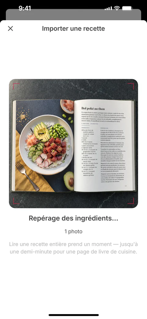 SuperPlan importe la recette à partir d’une photo de la page du livre : une ligne de balayage parcourt la photo pendant le repérage des ingrédients
