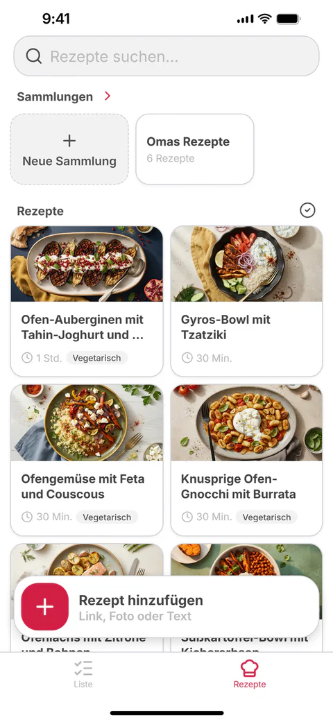 Deine Rezepte: gespeicherte Rezepte als Raster, darüber die Sammlungen