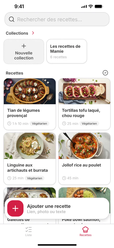 Mes recettes : une grille de recettes enregistrées et de collections