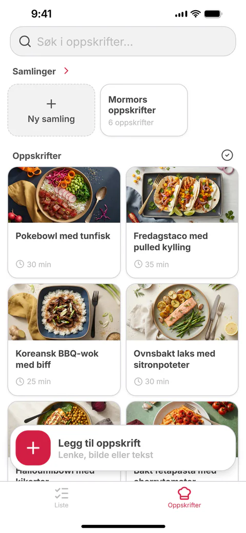 Oppskriftene dine: et rutenett med lagrede oppskrifter og samlinger