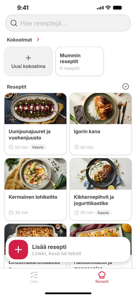 Omat reseptisi: ruudukko tallennettuja reseptejä ja kokoelmia