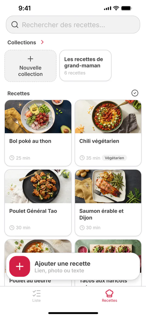L’onglet Recettes : les collections et une grille de recettes enregistrées