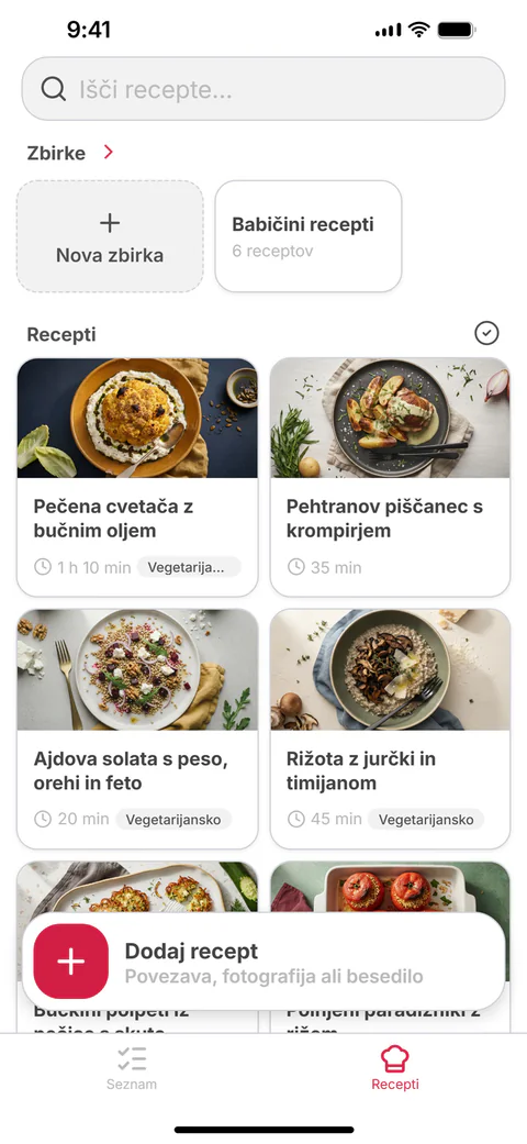 Tvoji recepti: zbirke in mreža shranjenih receptov