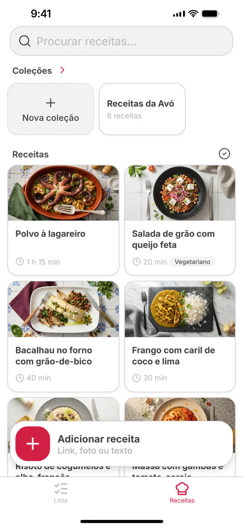 As tuas receitas: uma grelha de receitas guardadas e de coleções