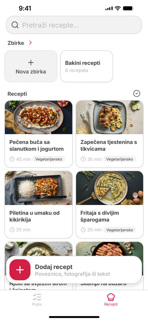 Tvoji recepti: mreža spremljenih recepata i zbirke