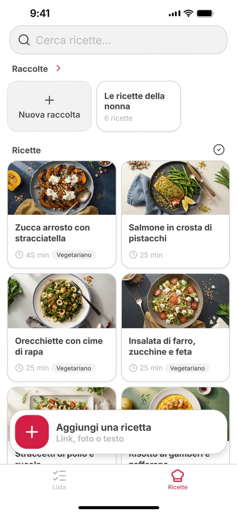 Le tue ricette: una griglia di ricette salvate e di raccolte