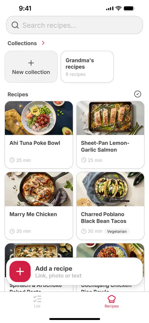 Your recipes: a grid of saved recipes and collections