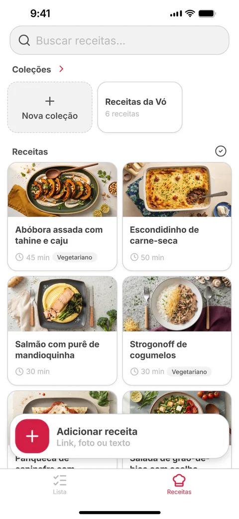 Suas receitas: uma grade com as receitas salvas e as coleções