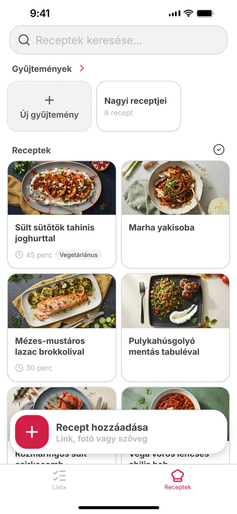 A receptjeid: a mentett receptek és a gyűjtemények rácsba rendezve