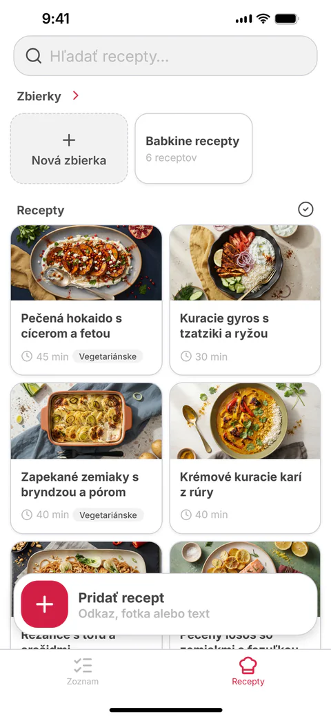 Tvoje recepty: mriežka uložených receptov a zbierky