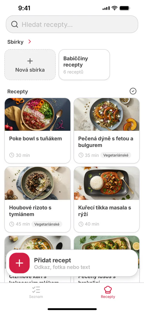 Tvoje recepty: mřížka uložených receptů a sbírky