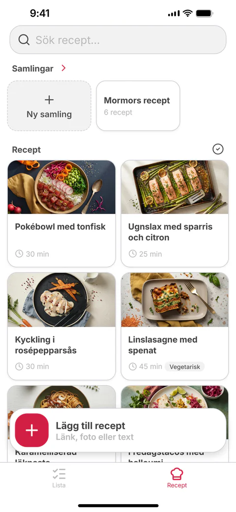 Dina recept: ett rutnät med sparade recept och samlingar