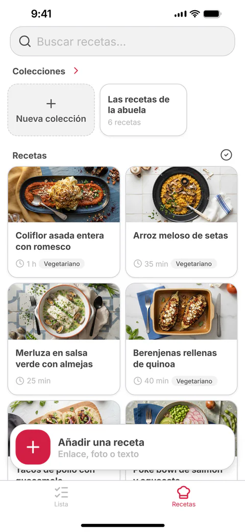 Tu recetario: una cuadrícula de recetas guardadas y colecciones
