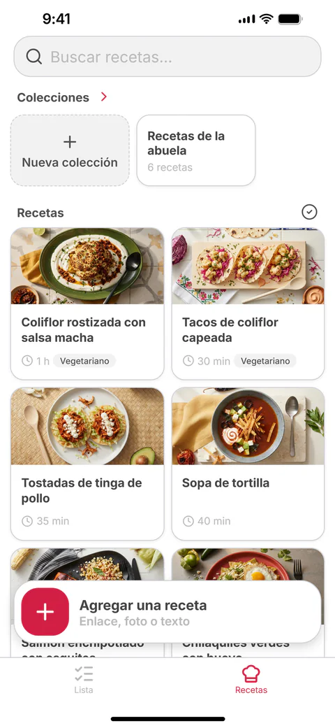 Tus recetas: una cuadrícula de recetas guardadas y colecciones