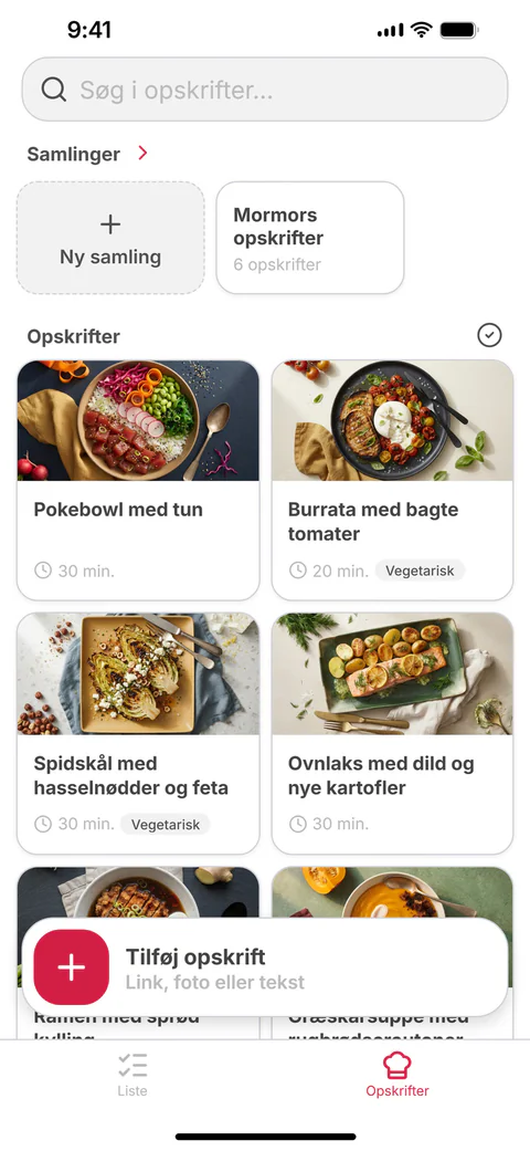 Fanen »Opskrifter«: gemte opskrifter og samlinger i et gitter