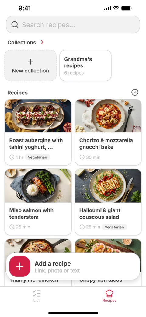 Your recipes: a grid of saved recipes and collections