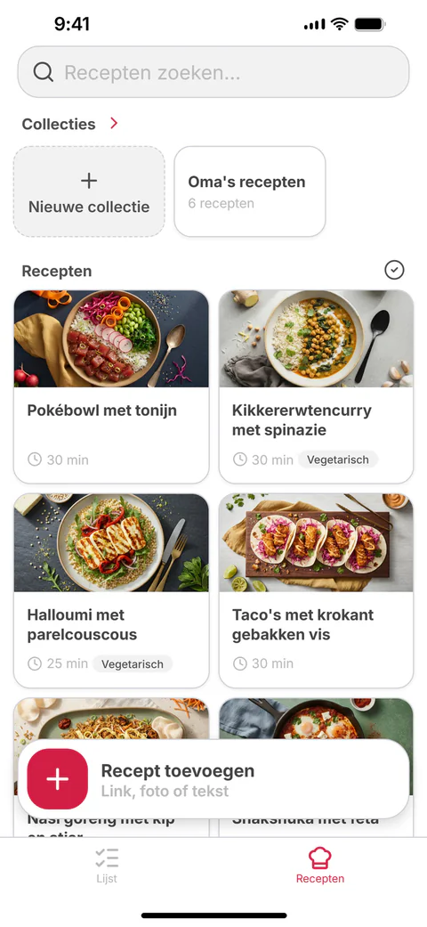 Je recepten: bewaarde recepten en collecties in een raster