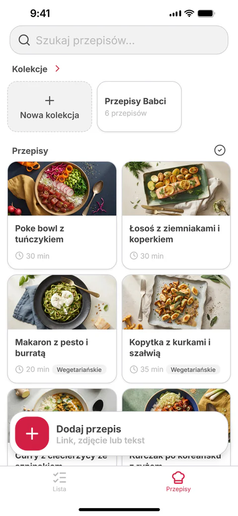 Twoje przepisy: siatka zapisanych przepisów i kolekcje