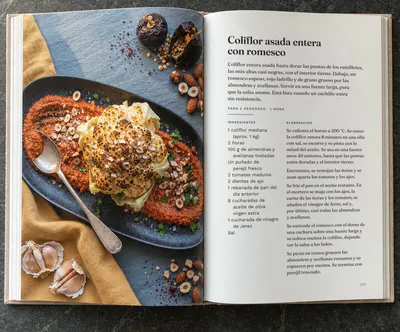 Un libro de cocina abierto por la receta de la coliflor asada entera con romesco