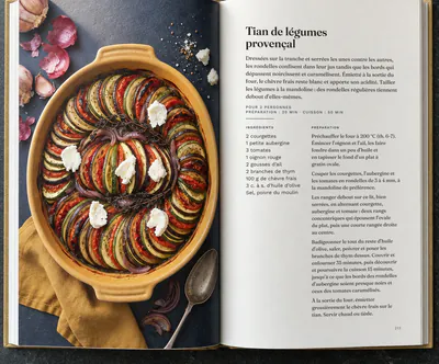 Un livre de cuisine ouvert à la recette du tian de légumes provençal