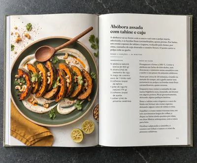 Um livro de culinária aberto na receita Abóbora assada com tahine e caju
