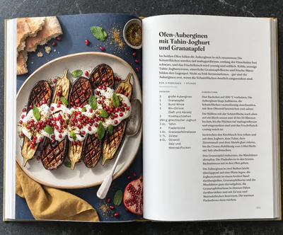 Ein Kochbuch, aufgeschlagen bei Ofen-Auberginen mit Tahin-Joghurt und Granatapfel