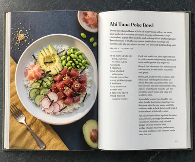 An open cookbook with the recipe for an Ahi Tuna Poke Bowl