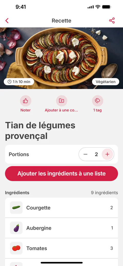La recette « Tian de légumes provençal », avec le choix des portions et le bouton « Ajouter les ingrédients à une liste »